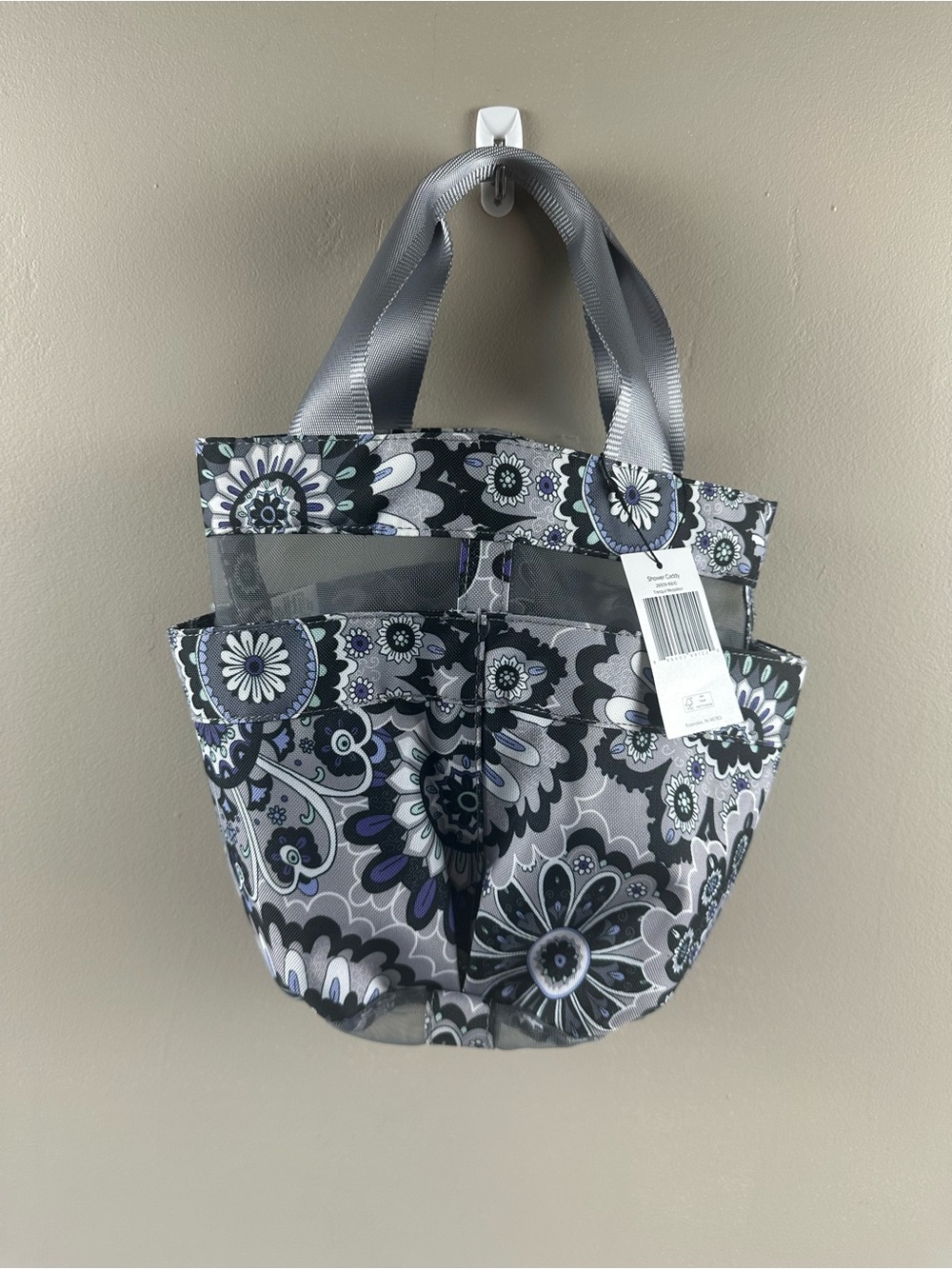 Vera Bradley Gray Floral Patterned Shower Caddy Tote with Ribbon Handles
